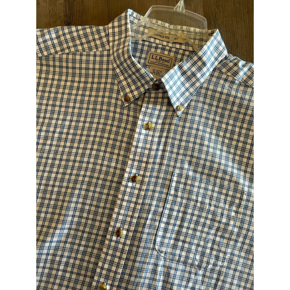 LL Bean Wrinkle Resistant Button Up Blue Plaid Shirt Size XL Tall Cotton
